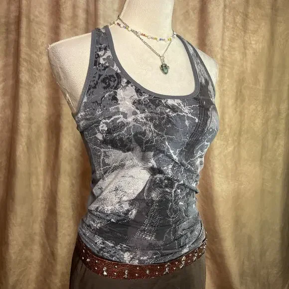 Vintage Y2K Tank Top Rhinestone Guitar Cut Out Back Sleeveless Indie Sleaze Punk - Picture 8 of 9
